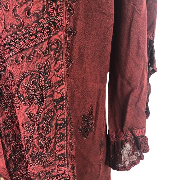Himalayan Boho Tunic Top Burgundy Black Soutache Lace Embroidery - Picture 9 of 11